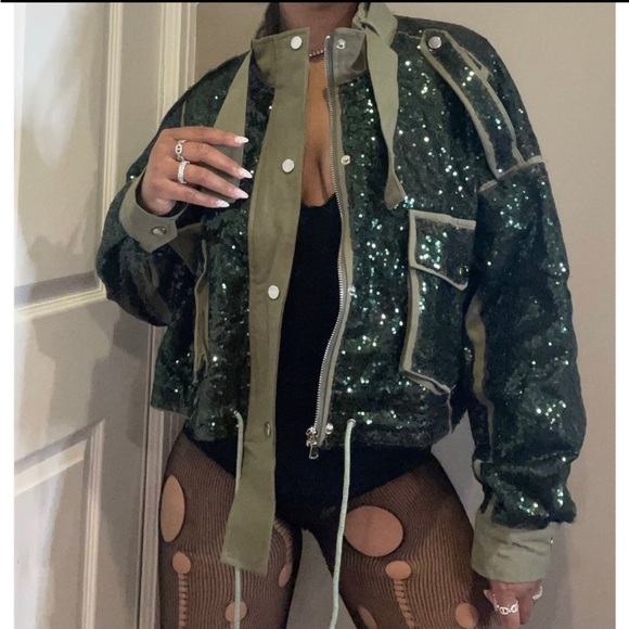 New Fashion Round Neck Loose Zipper Pocket Long Sleeve Sequined Short Coat - Picture 6 of 6